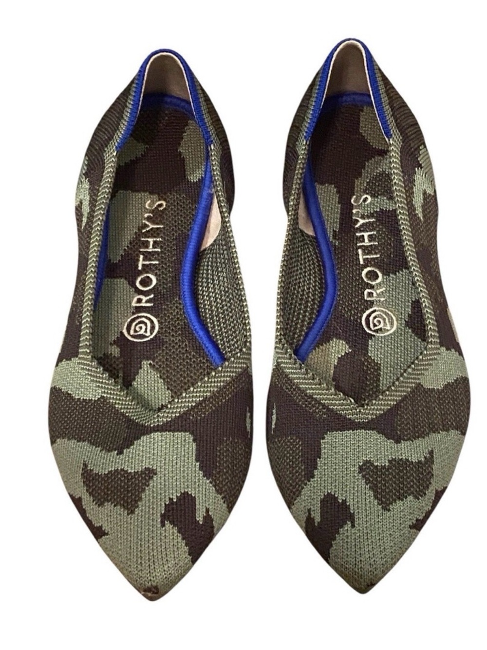 Rothy's Pointed Camo Knit Flats in Olive and Dark Green